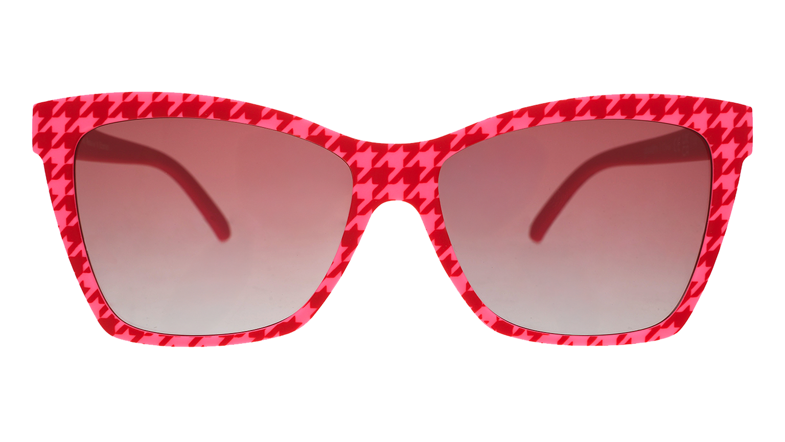 Front angle view of a pair of pink and red houndstooth Pop Gs with rose gradient lenses.