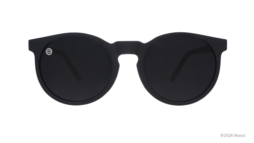 Front view of black Circle G sunglasses with black non-reflective lenses featuring a Magic 8 Ball lens etch.