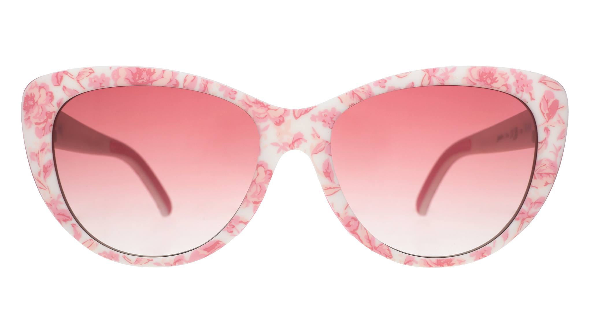 Front view of pink and white cat-eye sunglasses with a floral toile pattern and rose gradient lenses.