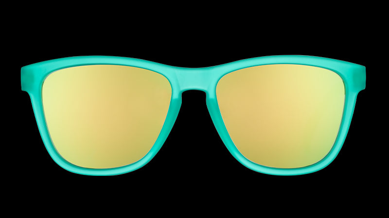 Front view of square-shaped teal sunglasses with teal mirrored lenses.