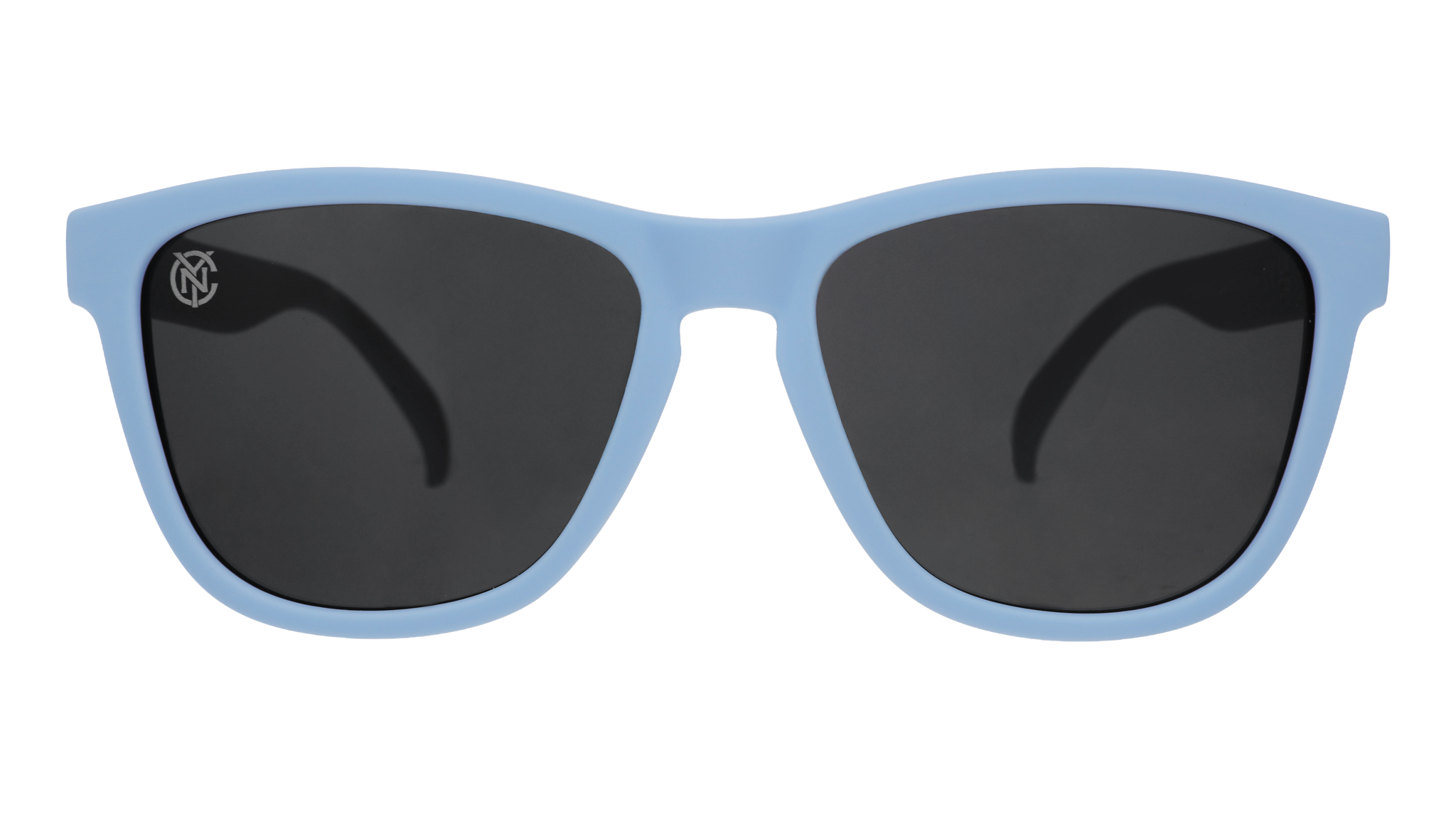 Front view of Major League Soccer NYCFC shades. Navy front frame. Black non-reflective lenses.