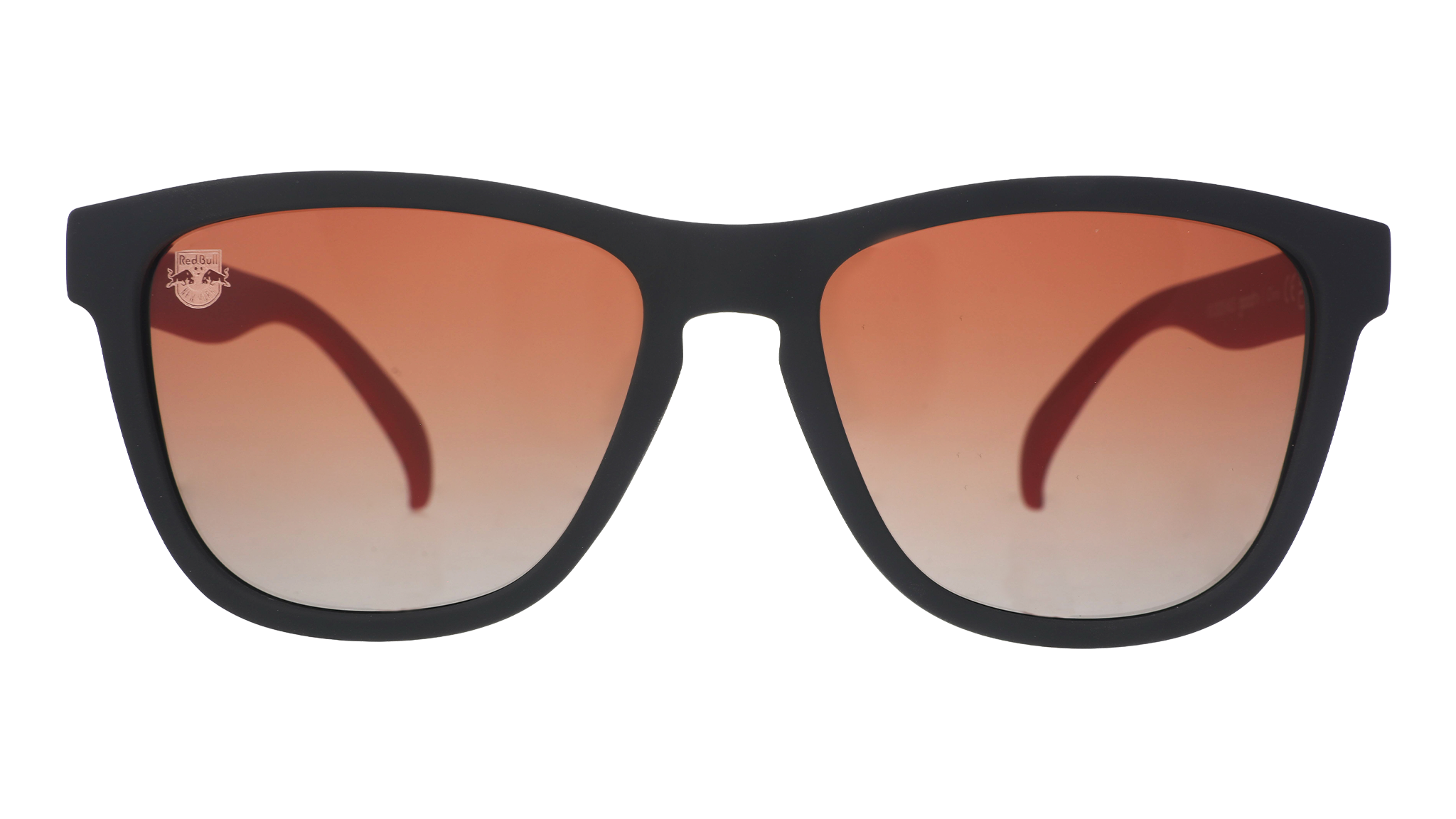 Front view of Major League Soccer New York Red Bulls shades. Black front frame. Orange+gold gradient lenses.