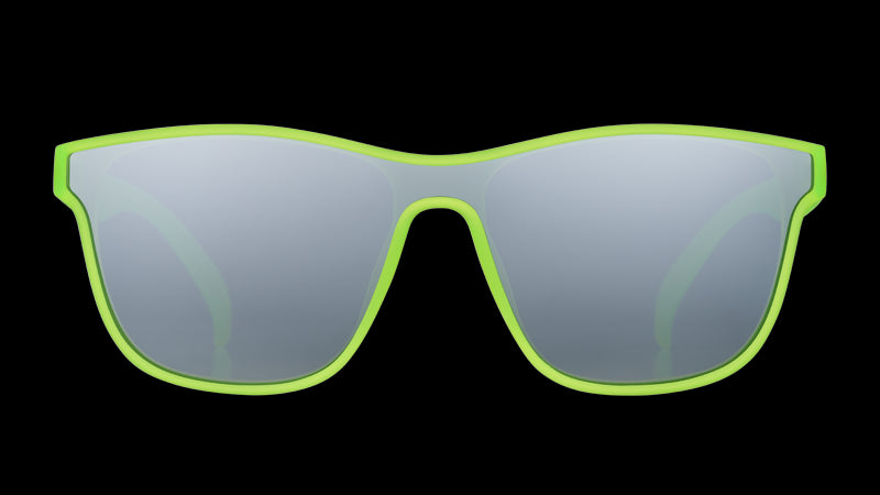 Front view of square neon green sunglasses with a single mirrored chrome lens.