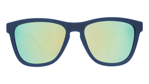 Front view of navy sunglasses with blue reflective lenses.