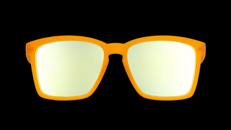 Front view of small square-shaped orange sunglasses with mirrored reflective lenses.
