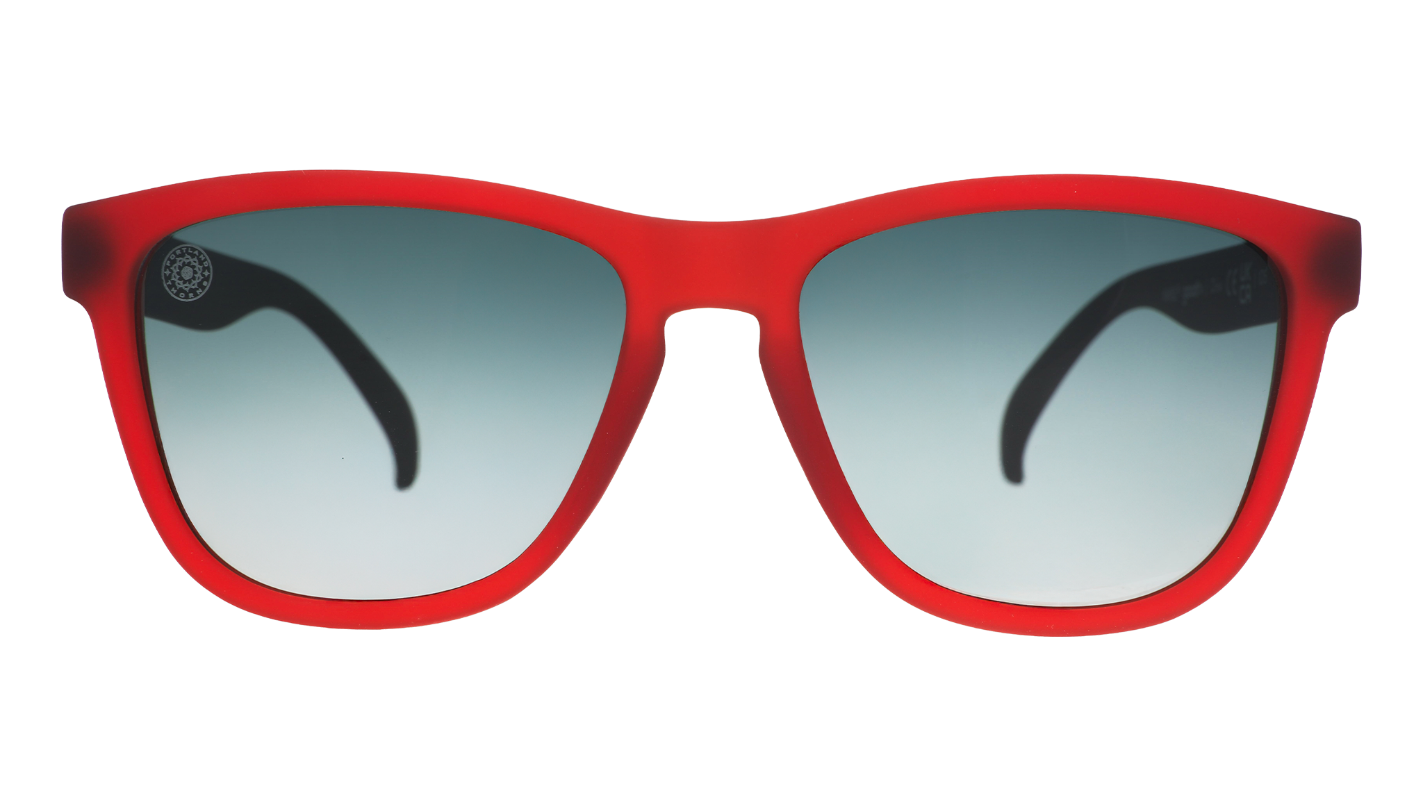 Front view of red and black sunglasses with green gradient lenses and the Portland Thorns logo etched into the lens.