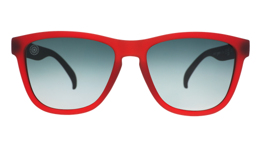 Front view of red and black sunglasses with green gradient lenses and the Portland Thorns logo etched into the lens.