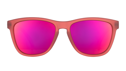 Front view of square-shaped red sunglasses with polarized red mirrored lenses.