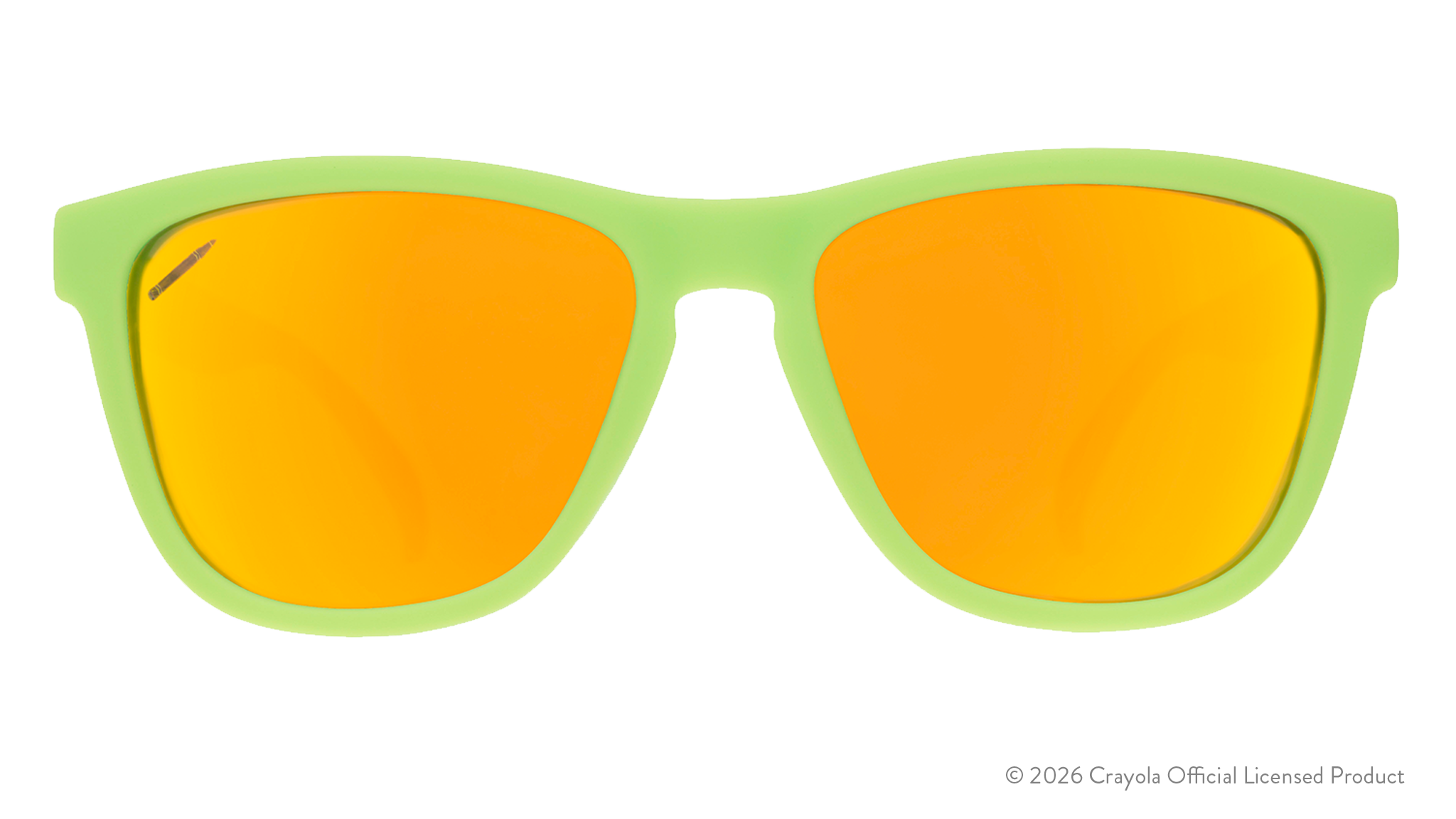 Front view of Crayola sunglasses. Green yellow front frame w/ yellow green reflective lenses+small crayon etching.