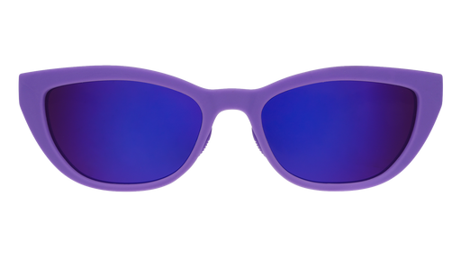 Front angle view of a pair of deep purple cat-eye Cheetah G sunglasses with purple reflective lenses.