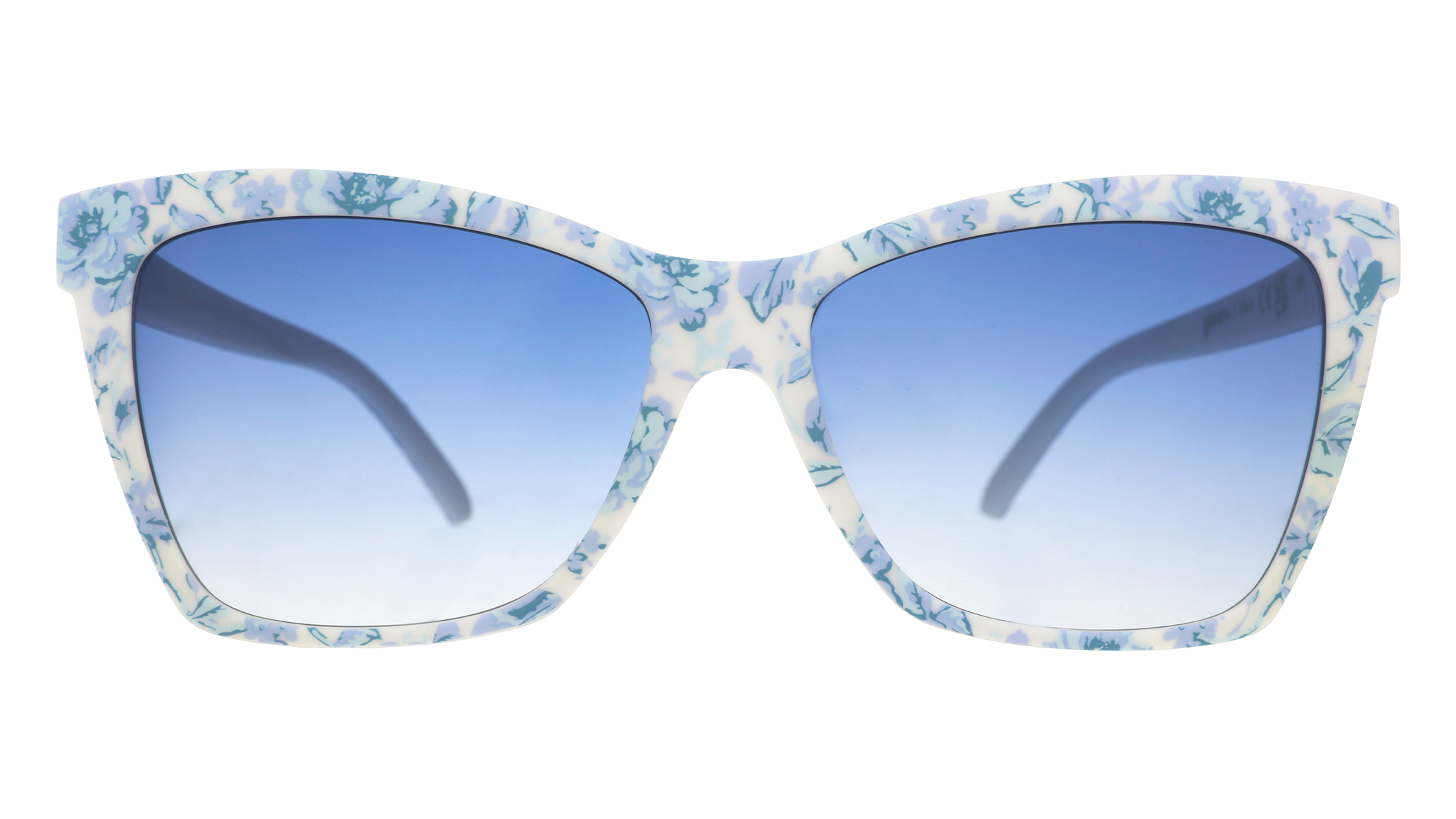 Front view of blue and white angular cat-eye sunglasses with a floral toile and blue gradient lenses.