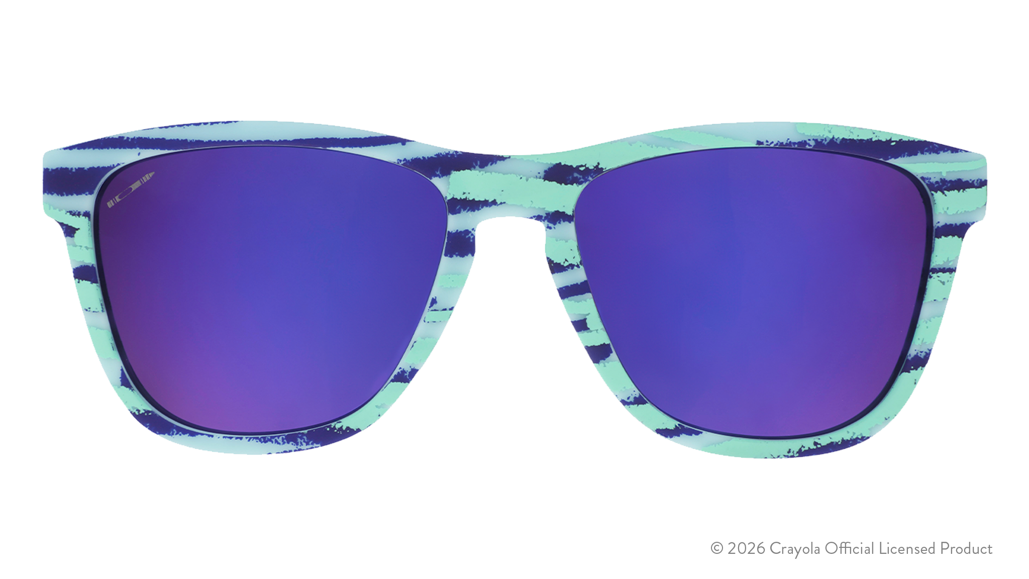 Front view of Crayola goodr UV-activated sunglasses with green and purple frames and purple reflective lenses.