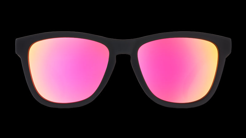 Front view of black sunglasses with hot pink reflective square-shaped lenses.