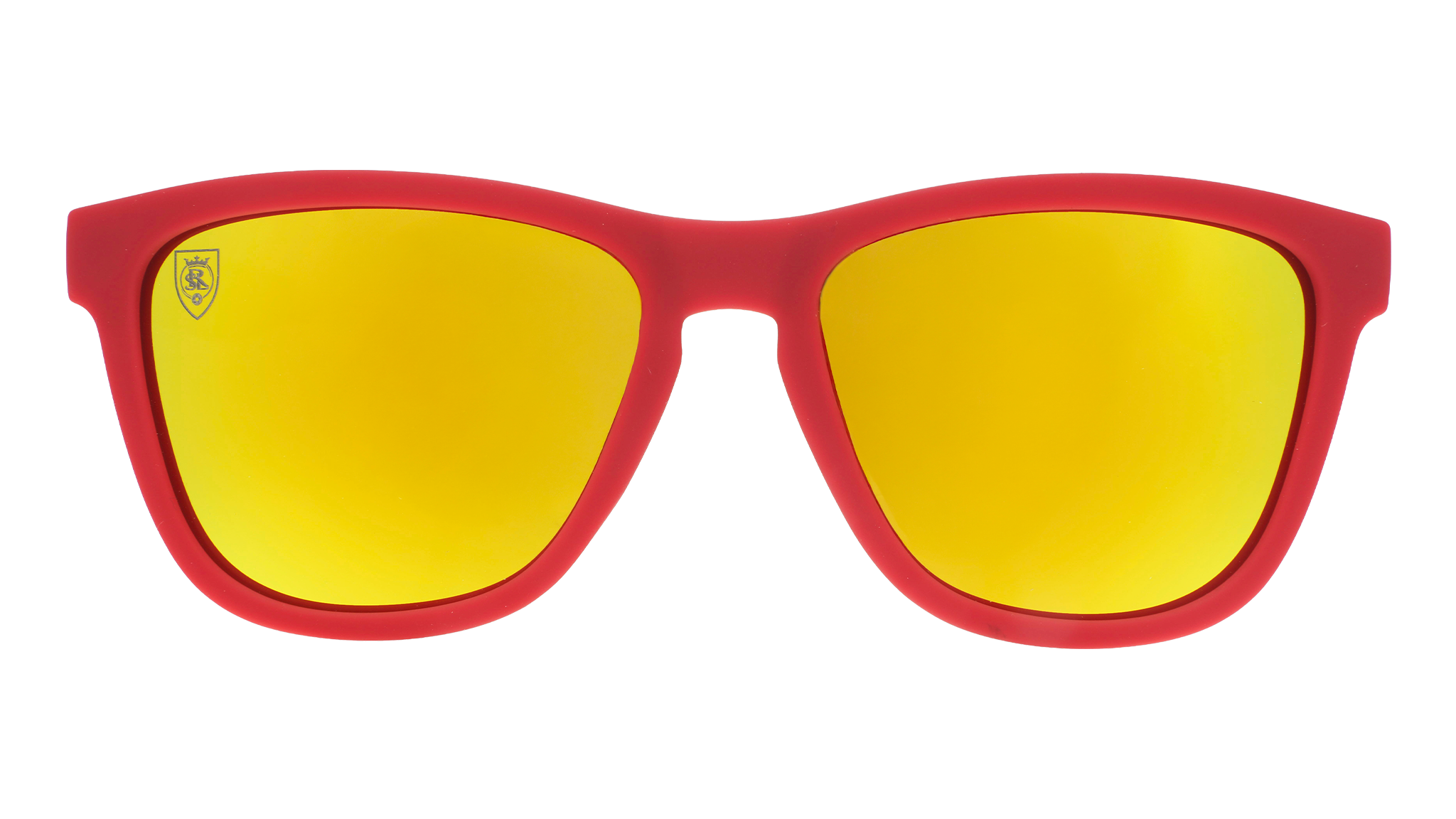 Front view of Major League Soccer Real Salt Lake shades. Red front frame. Amber reflective lenses.