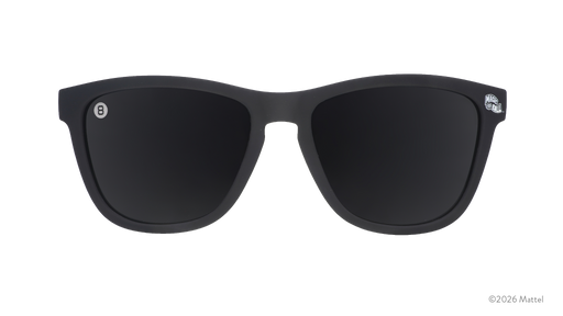 Front view of black Magic 8 Ball sunglasses featuring black non-reflective lenses and a classic 8 Ball etched on the lens.