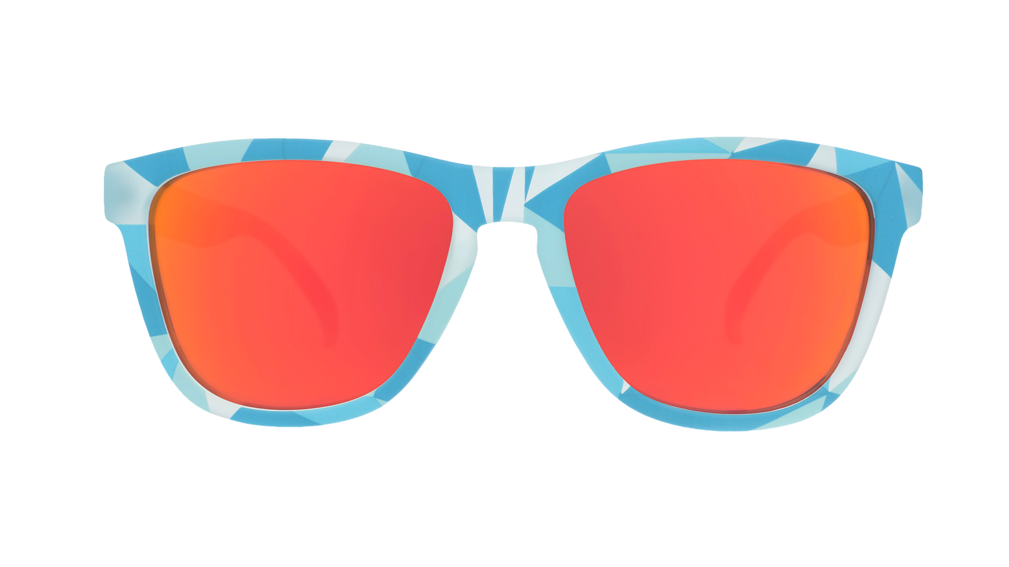 Front view of translucent blue, geometric-patterned sunglasses with burnt orange reflective lenses.