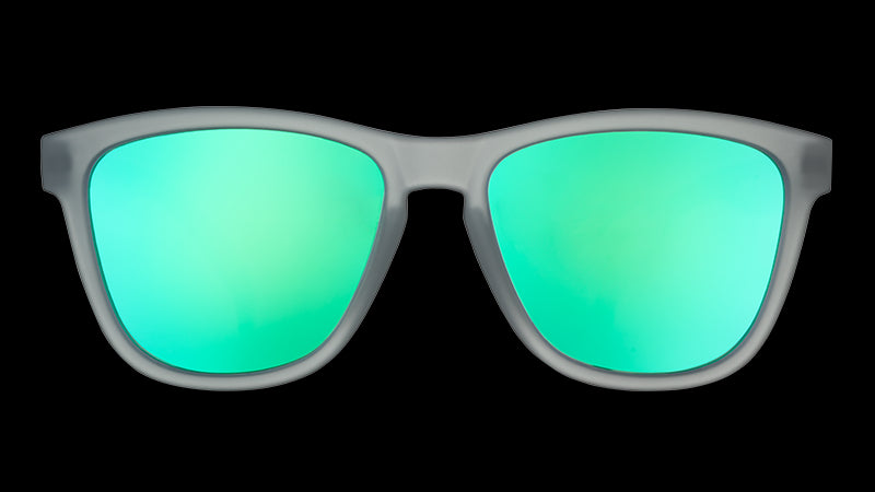 Front view of square-shaped gray sunglasses with green mirrored lenses.