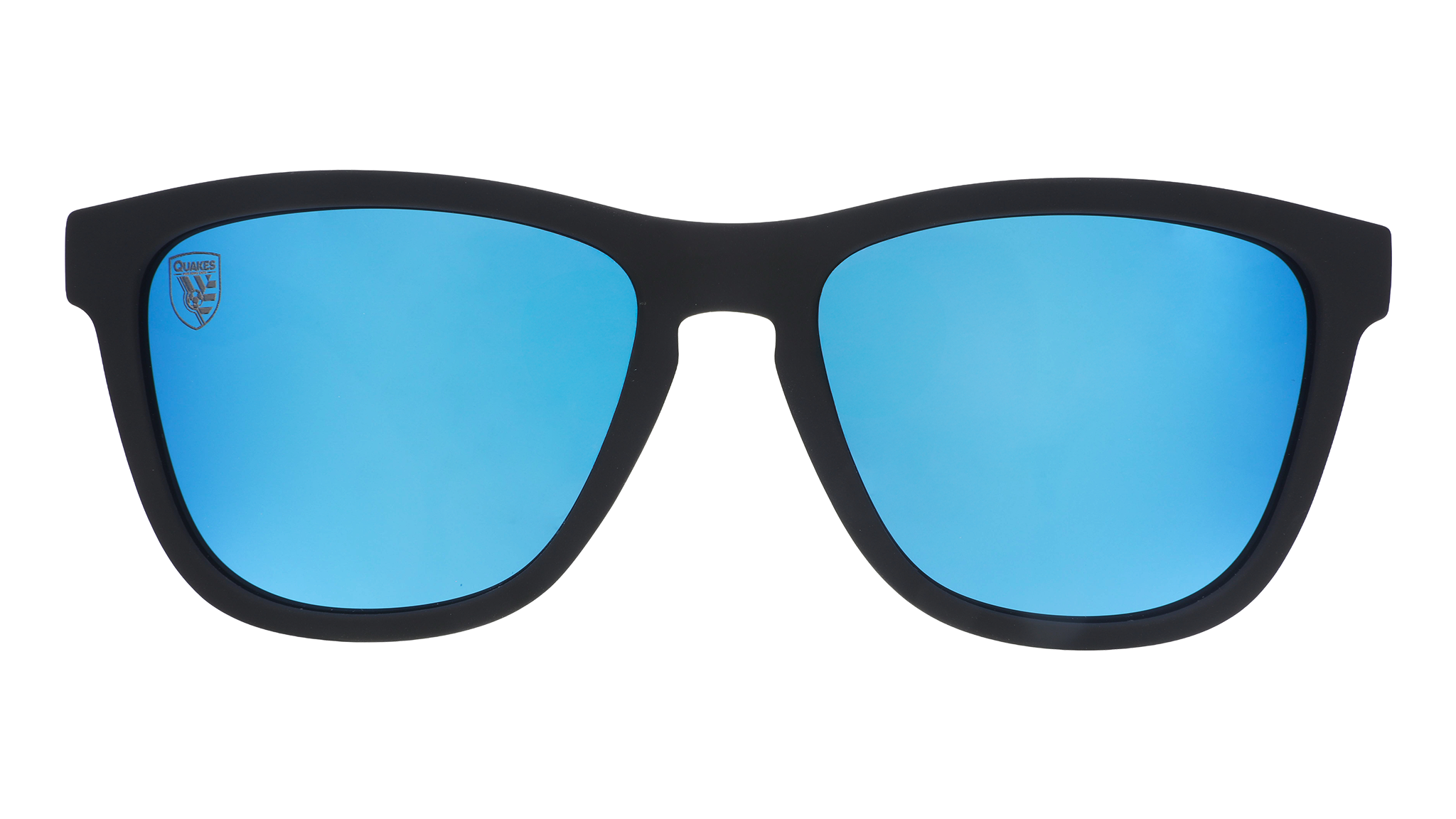Front view of Major League Soccer San Jose Earthquakes shades. Black front frame. Blue reflective lenses.