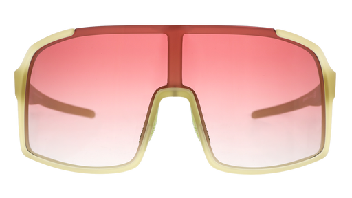 Front view of translucent chartreuse wrap sunglasses with a rose gradient shield lens.