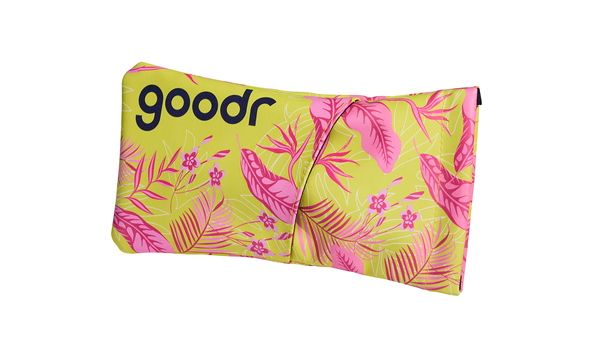 Three-quarter angle view of a soft fabric sunglasses case featuring a pink and yellow tropical leaf design.
