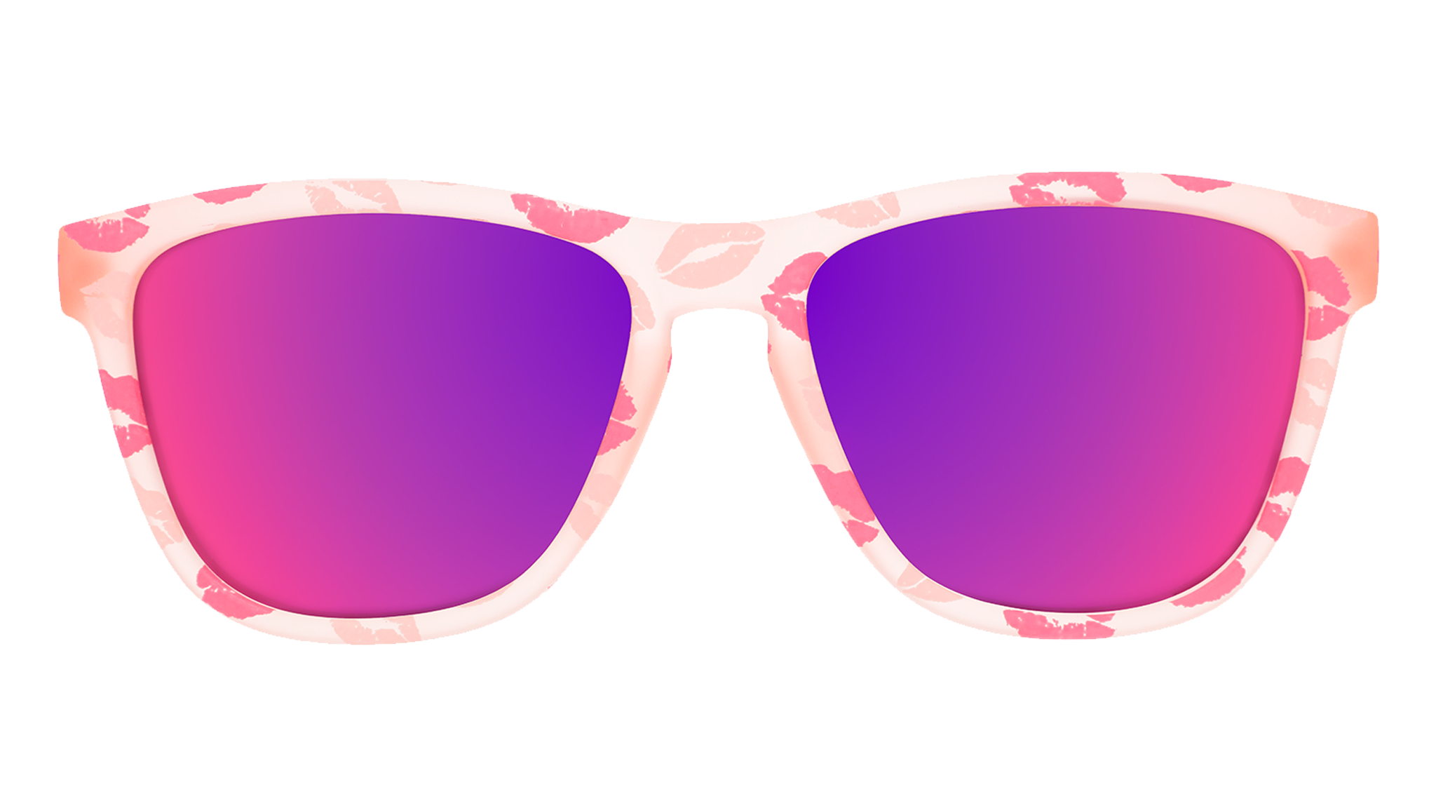 Front view of pale pink sunnies featuring rose reflective lenses and a flirty all-over-kiss print.
