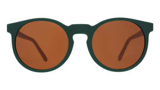 Front view of green round sunglasses with brown non-reflective lenses.