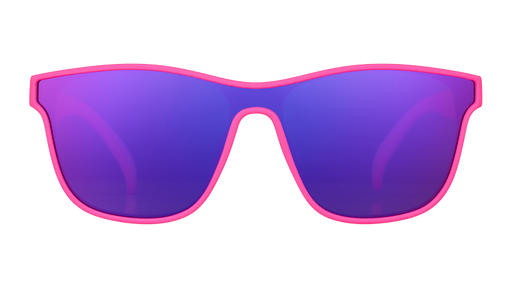 Front view of hot pink sunglasses with a futuristic purple single lens.