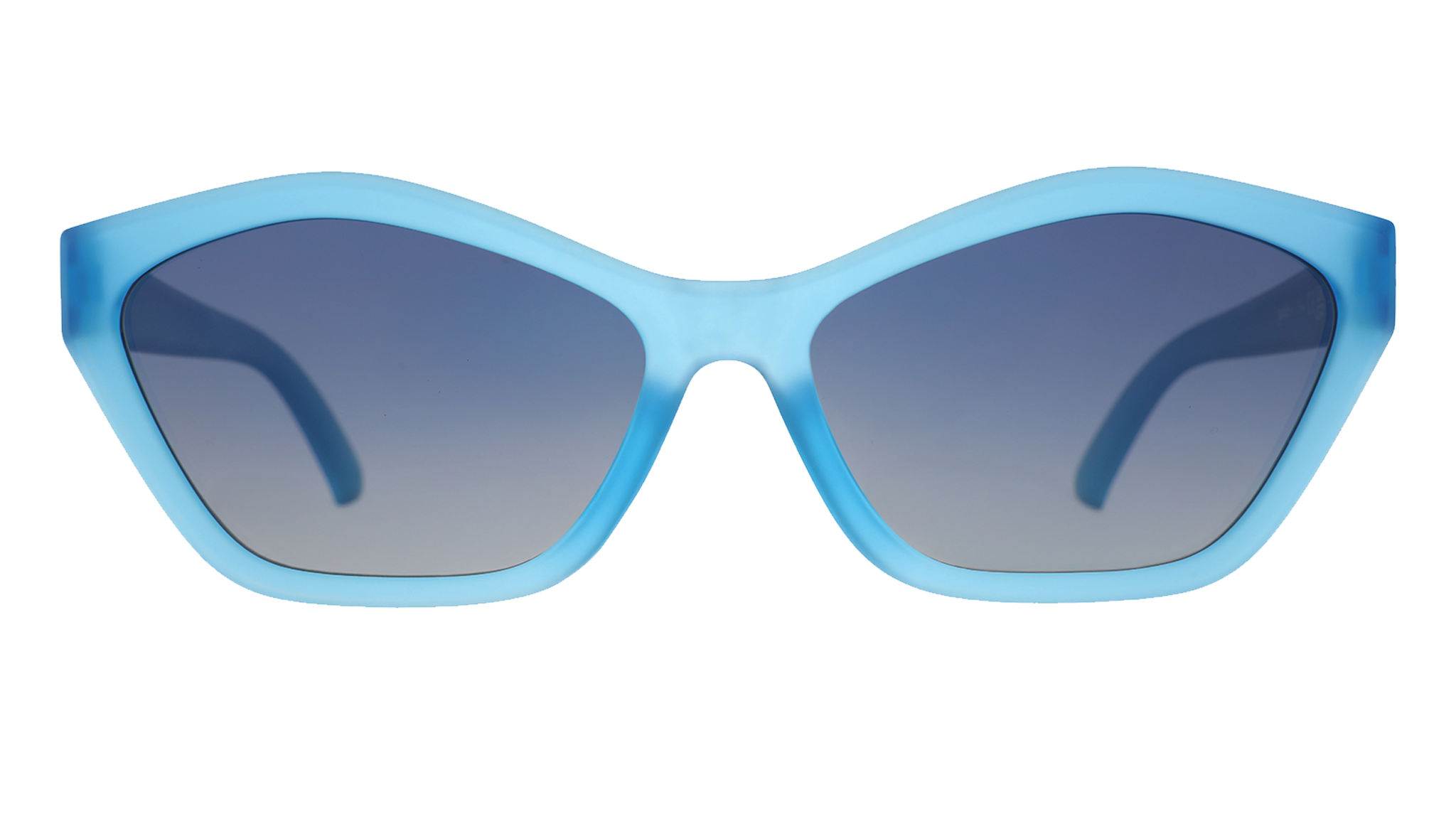 Front view of a pair of translucent blue geometric cat-eye Deco G sunnies with blue gradient lenses.