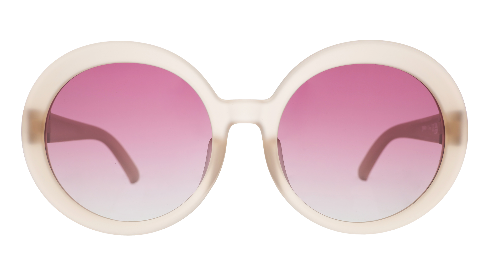 Front view of oversized round beige sunglasses with purple gradient lenses against a white background.