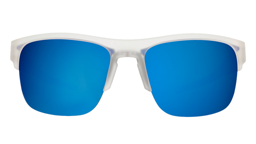Front view of sunglasses. Clear front frame with blue reflective lenses on a white background.