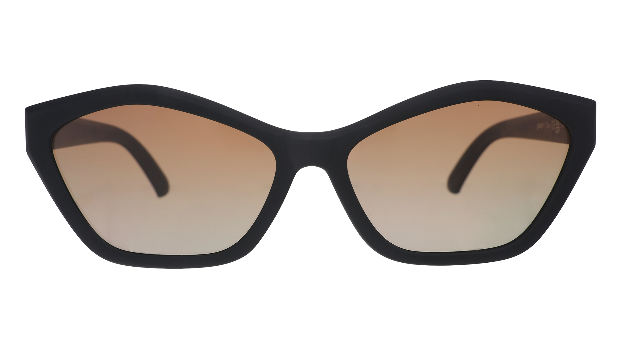 Front view of black geometric cat-eye sunglasses with amber gradient lenses against a white background.