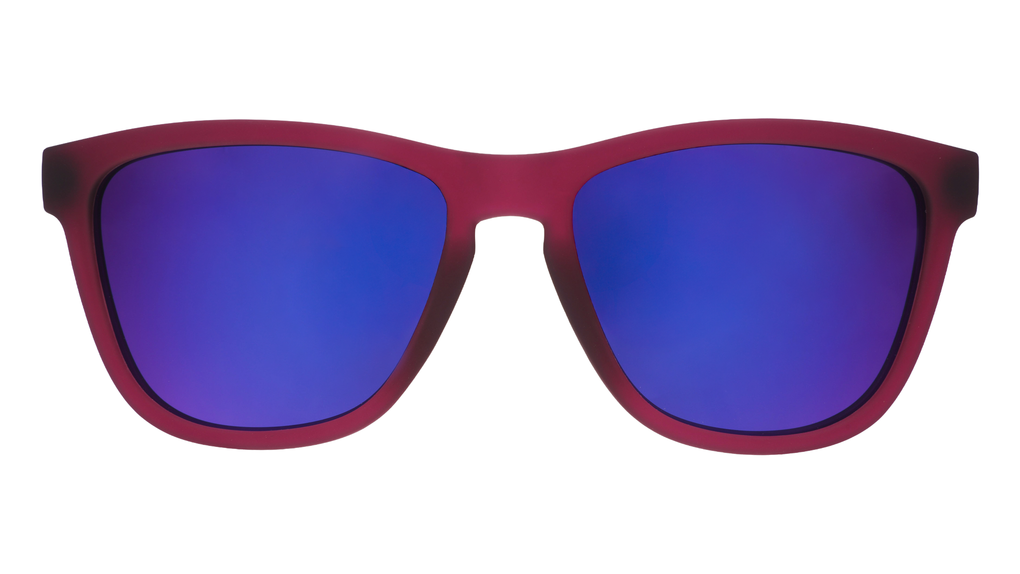 Front view of translucent purple sunglasses featuring a classic frame and reflective purple lenses.