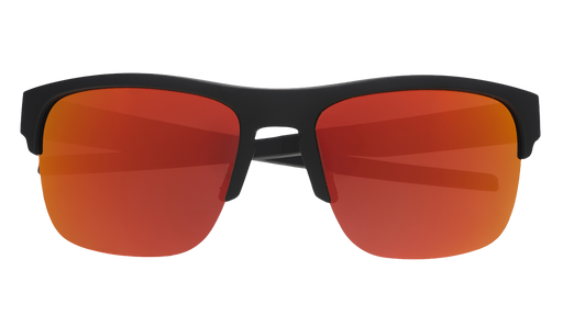 Front view of sunglasses. Black front half-rim frame with orange reflective lenses on a white background.