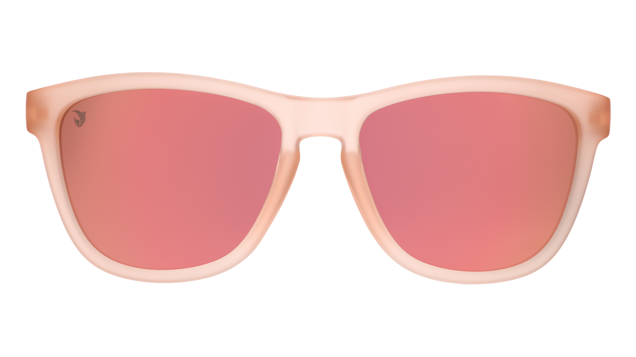 Front view of translucent pink sol rosa sunglasses with reflective champagne gold lenses & ACFC logo.