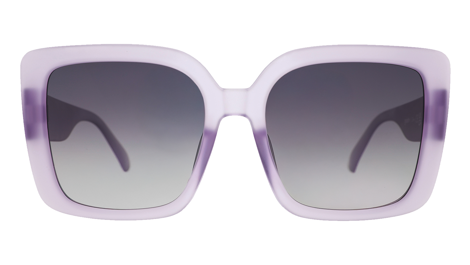 Front view of translucent pale purple oversized square Amp G sunnies with black gradient lenses.