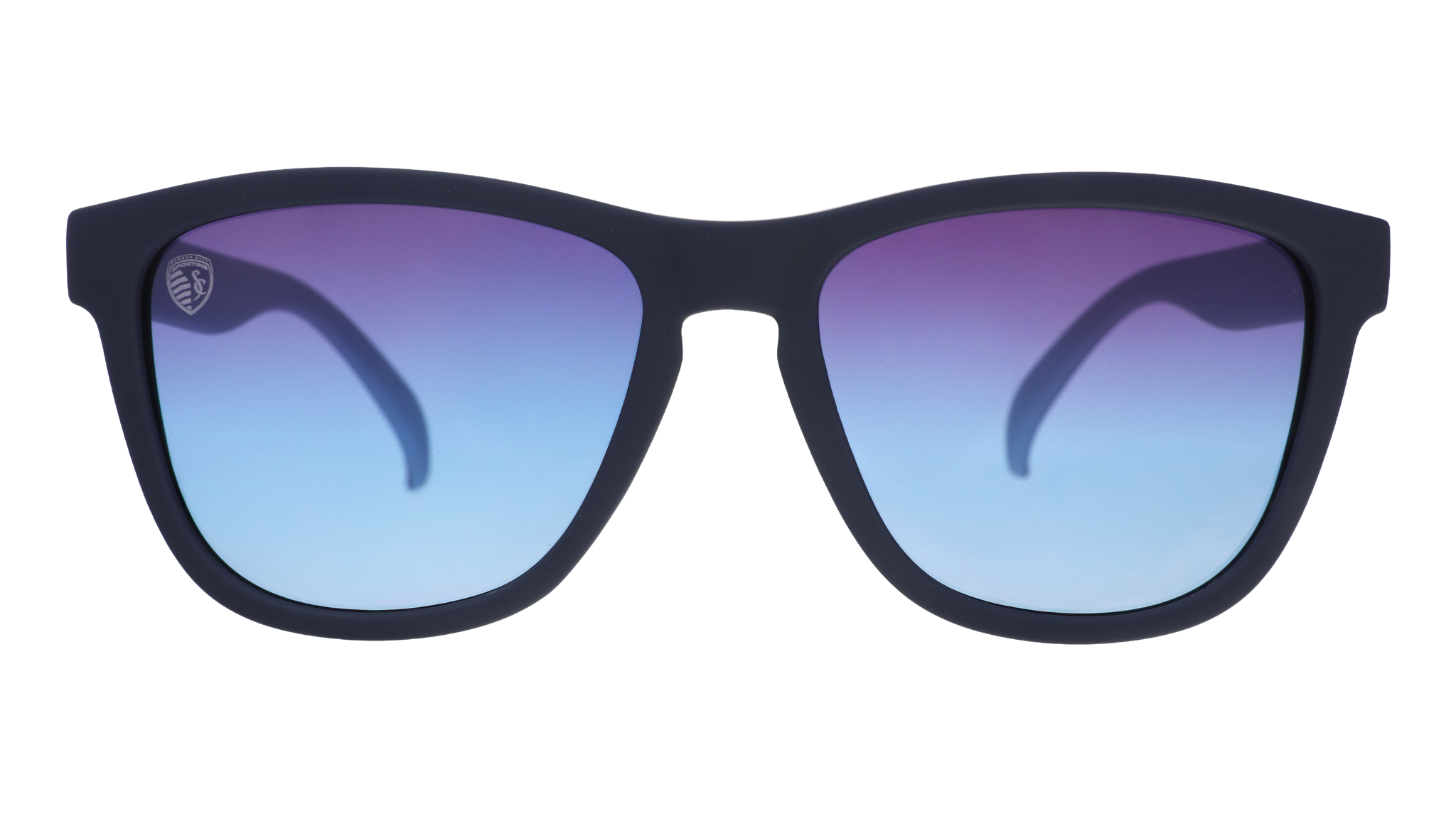 Front view of Major League Soccer Sporting KC shades. Navy front frame. Dark blue gradient lenses.