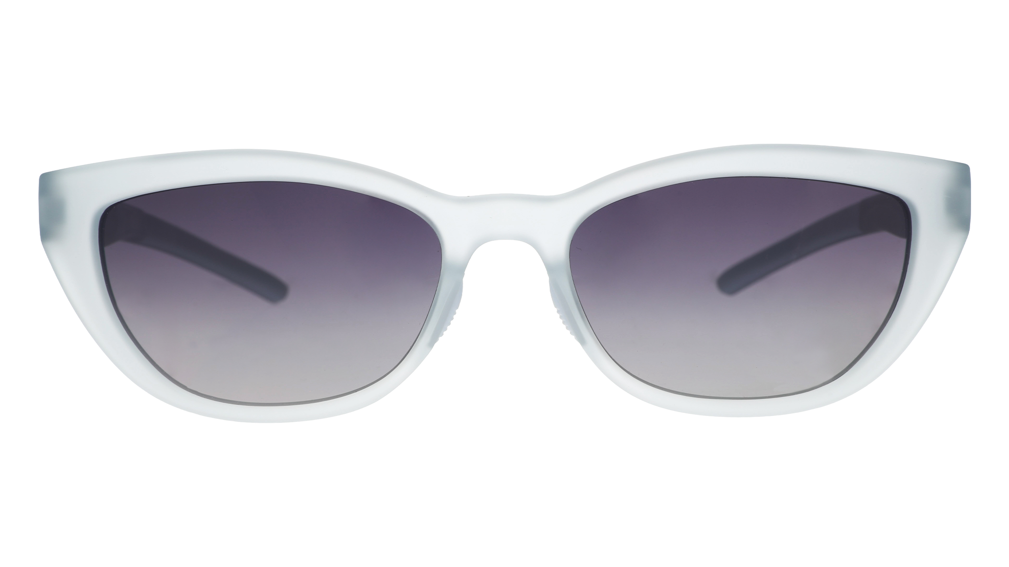 Front view of light blue cat-eye sunglasses with gradient violet lenses against a white background.