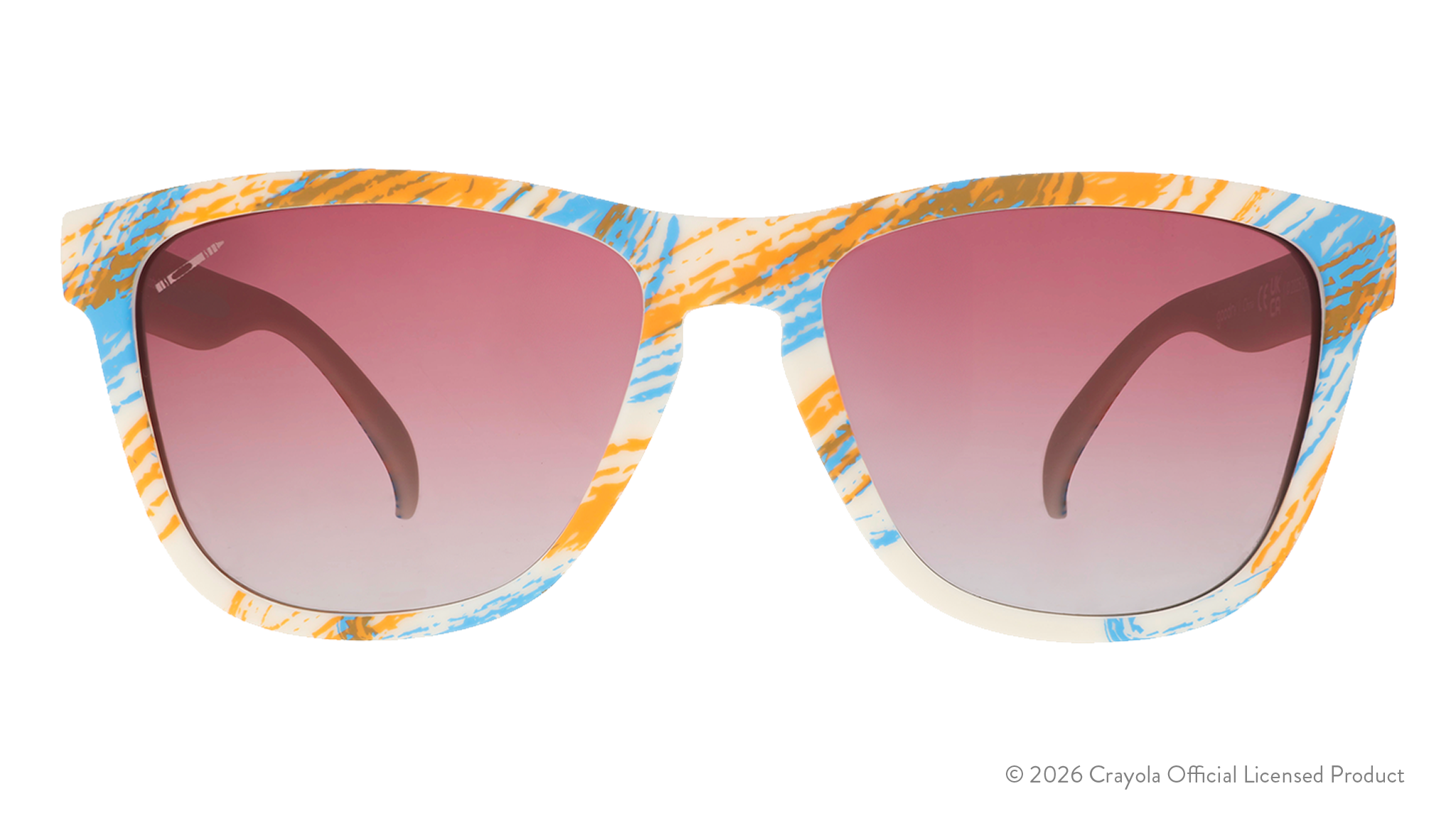 Front view of Crayola goodr UV-activated Summertime sunglasses with tan-to-magenta frames & rose ocean gradient lenses.