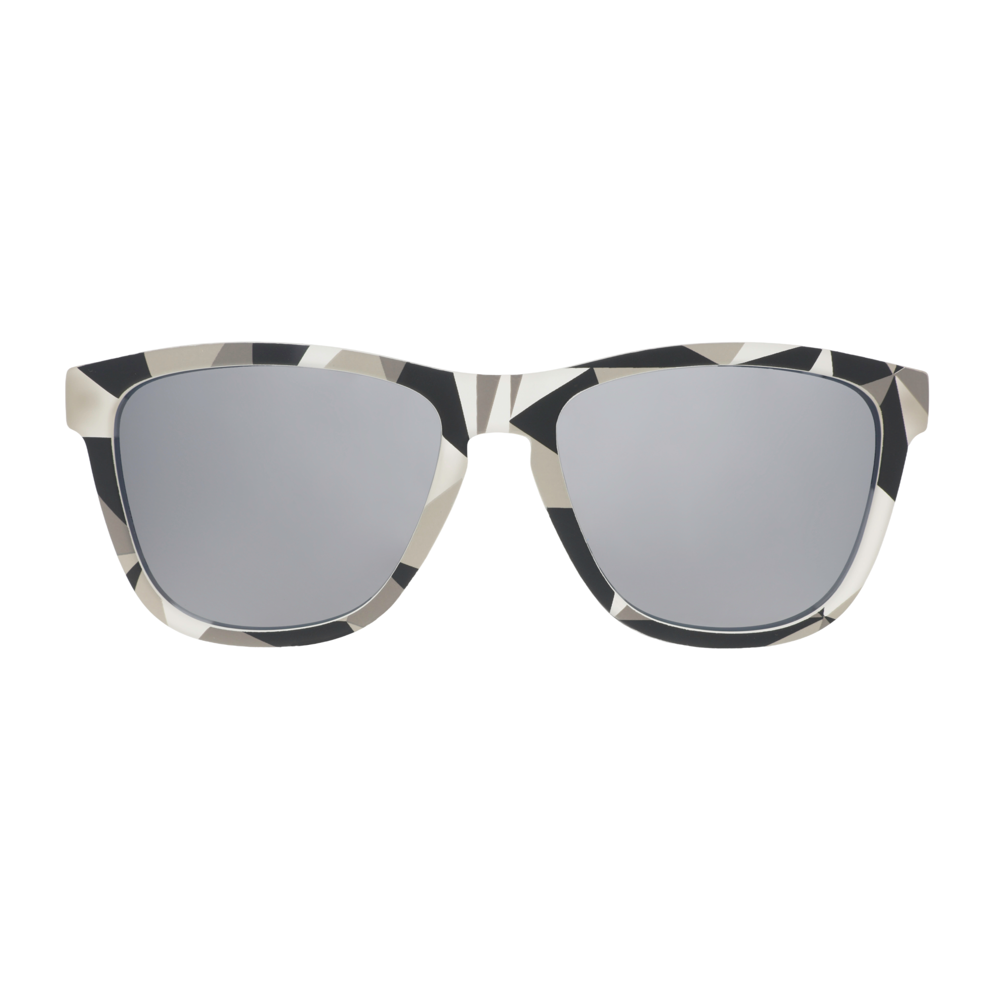 Right temple view of translucent gray sunglasses with a tonal geometric pattern, chrome reflective lenses, and yellow New York logo.