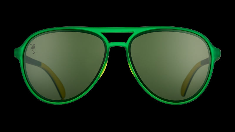 Front view of green aviator sunglasses with non-reflective lenses.