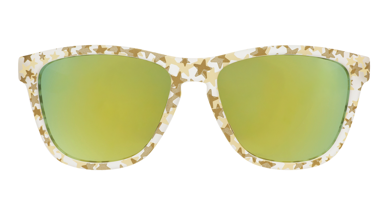 Front view of clear OG sunglasses frames with a gold star pattern and gold reflective lenses.