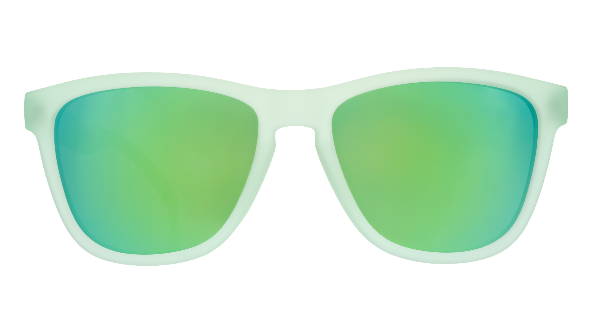 Front view of translucent green OG sunglasses with green-blue reflective lenses. 