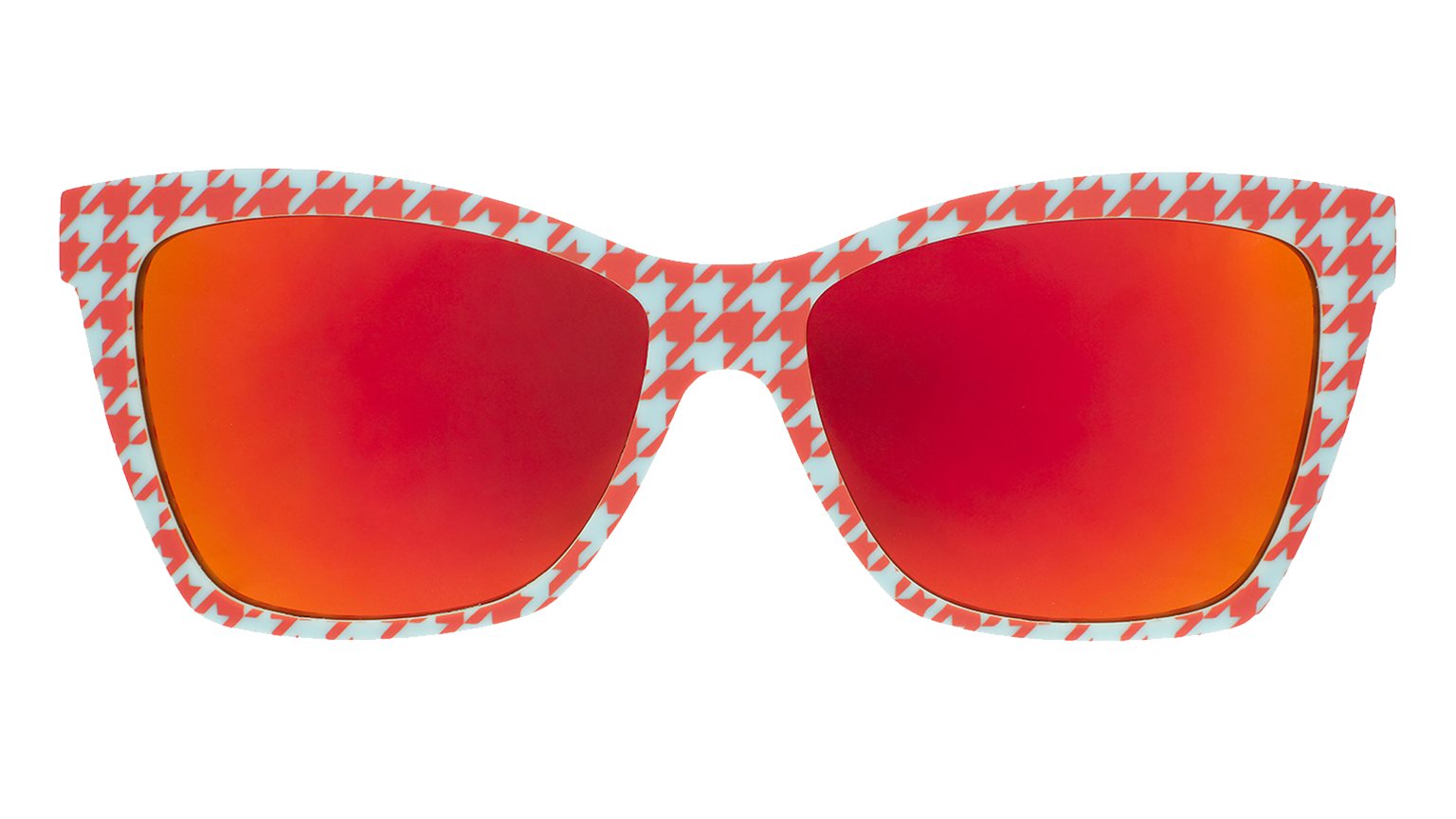 Front angle view of a pair of vibrant blue and burnt-orange houndstooth print Pop Gs with burnt-orange reflective lenses.
