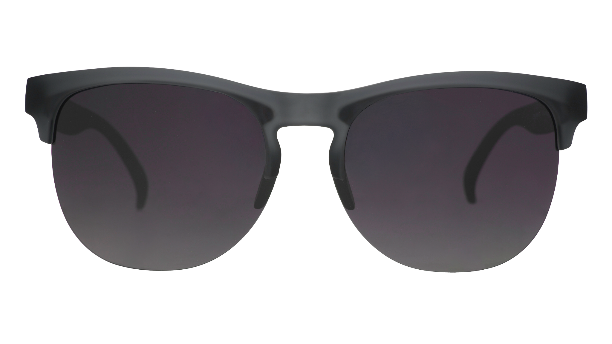 Front view of gray translucent half-rim sunglasses featuring gradient gray lenses.