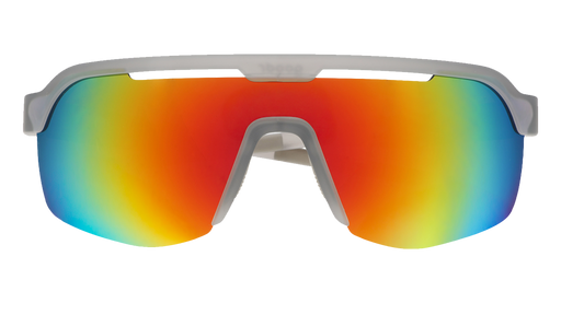 Front view of shield sunglasses. Gray front frame with orange reflective wrap lenses on a white background.