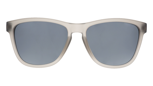 Front view of square-shaped sunglasses with translucent dark gray frames and gray polarized lenses.