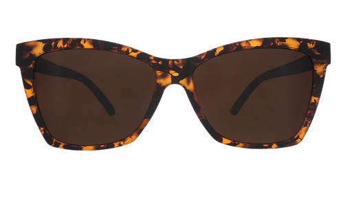 Front view of brown tortoiseshell angled cat-eye sunglasses with non-reflective brown lenses.