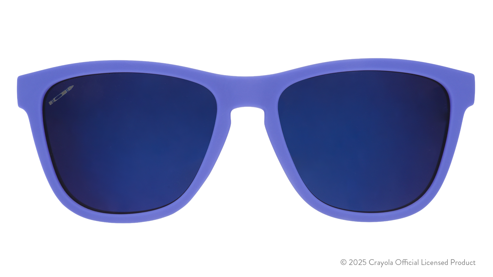 Front view of Violet Blue Crayola sunglasses on a white background with stray Violet Blue crayons and scribbles