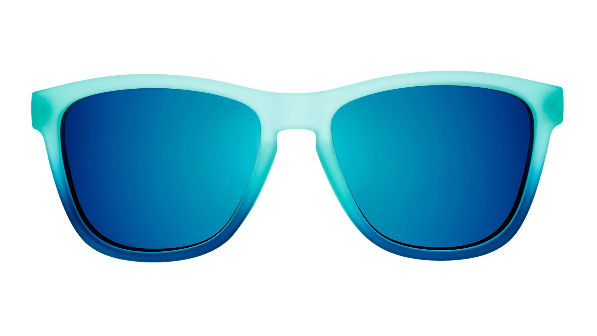 Front view of a pair of turquoise-to-blue ombre OG frames with teal reflective lenses.