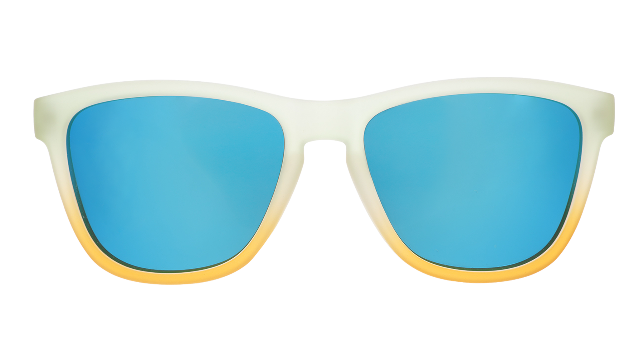 Front view of light teal-to-yellow sunglasses with light blue reflective lenses.